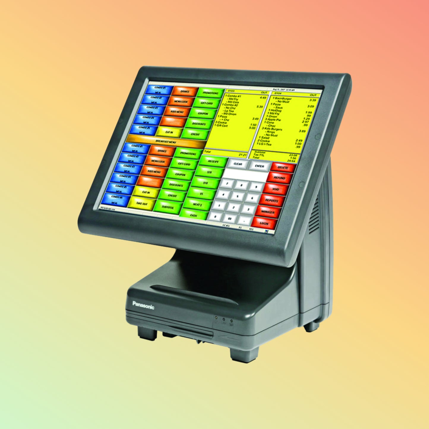 Alt="Detail of Panasonic JS920WS Lite-ray POS, highlighting the ease of digital order entry in a cafƩ setting."