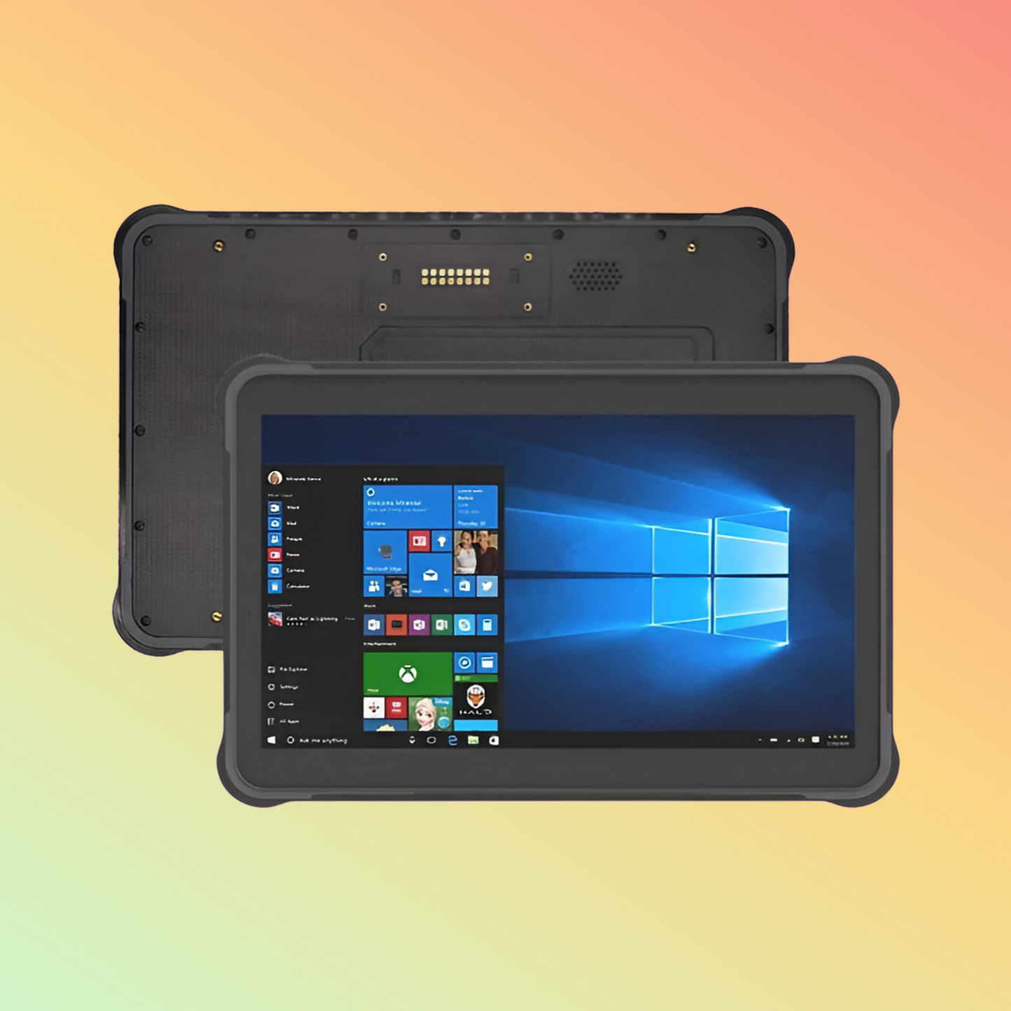 Front view of the 10 inch rugged tablet, featuring a high-resolution touchscreen and customizable interface
