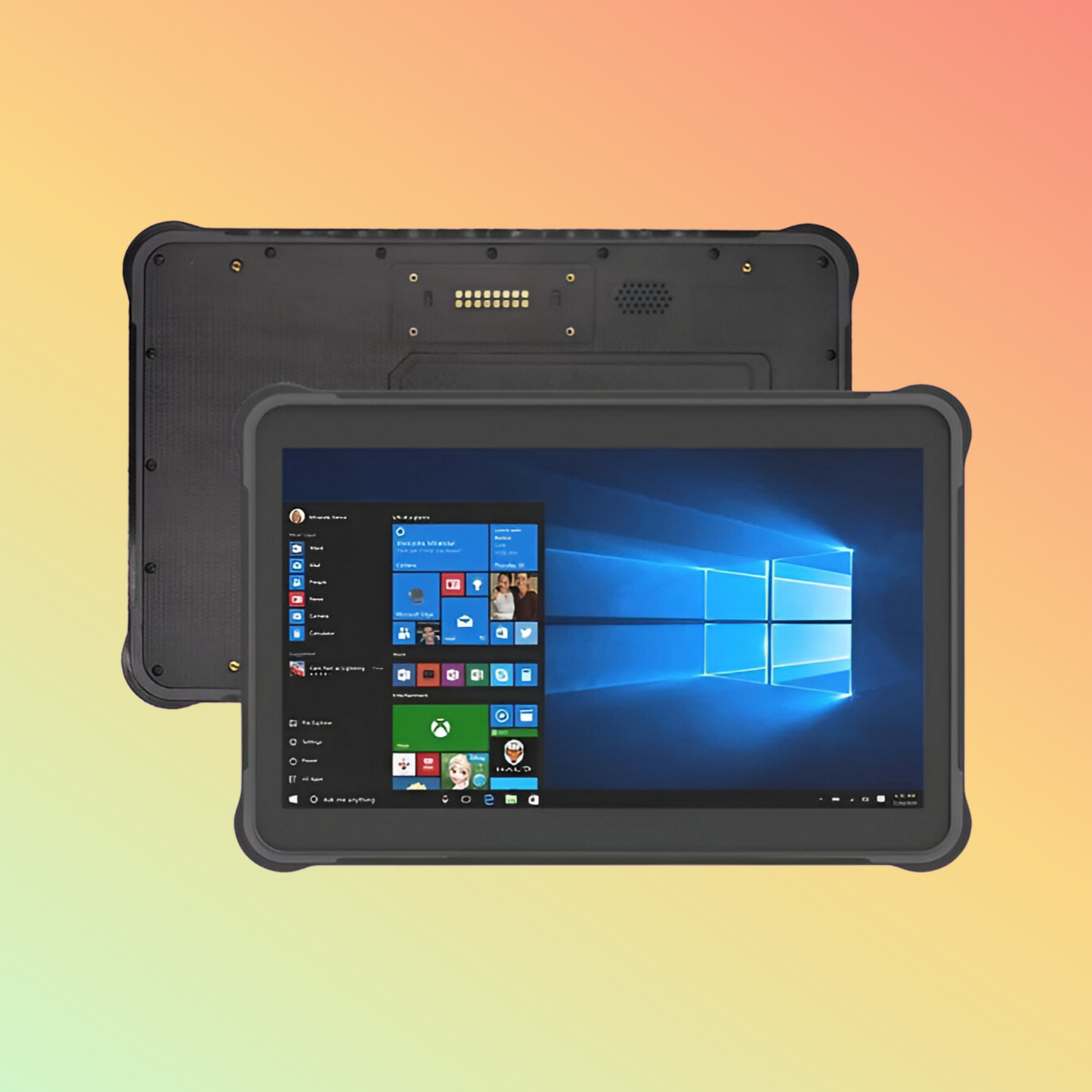 Front view of the 10 inch rugged tablet, featuring a high-resolution touchscreen and customizable interface