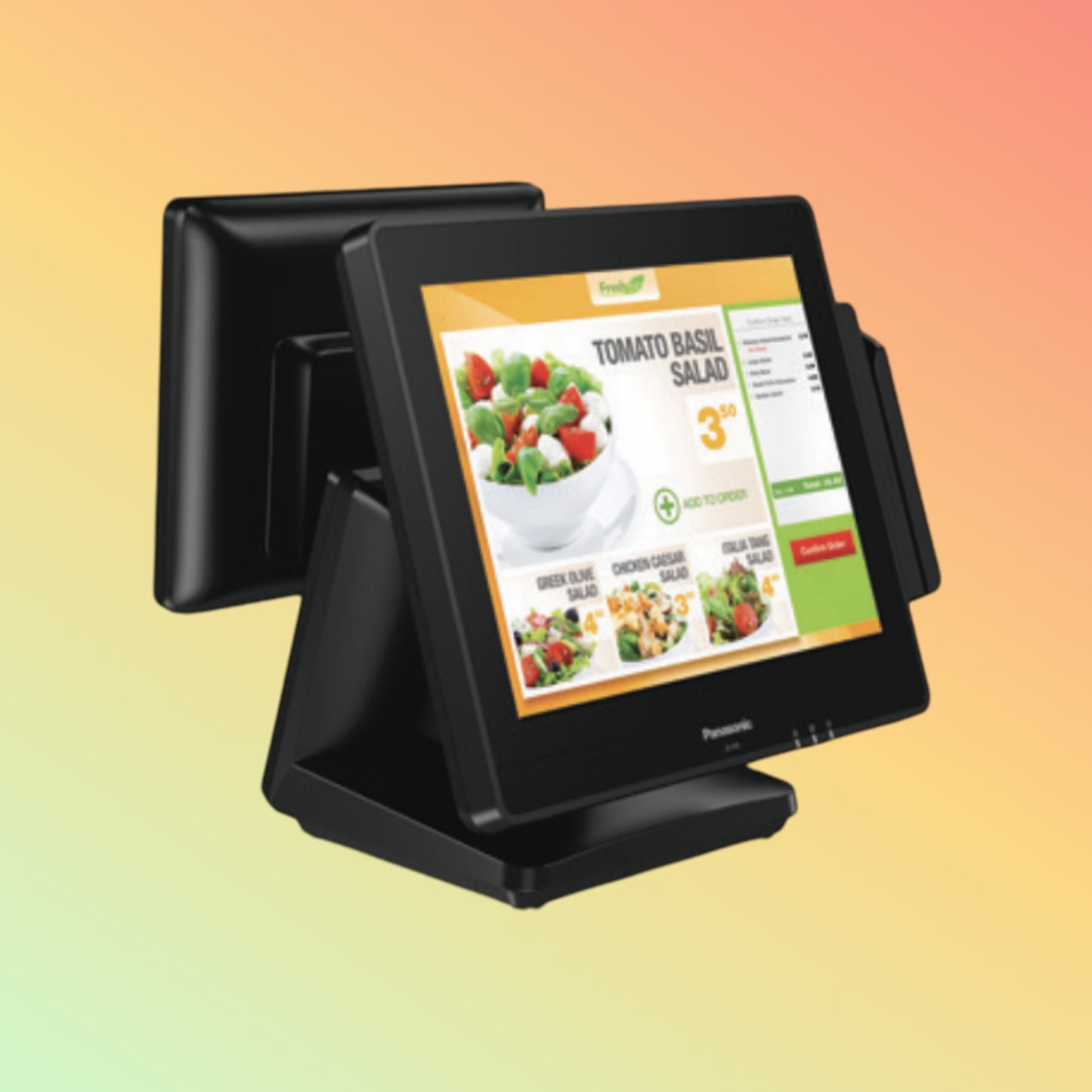 Alt="Panasonic JS-970WS POS system in use at a cafe, highlighting its sleek design and touchscreen interface."