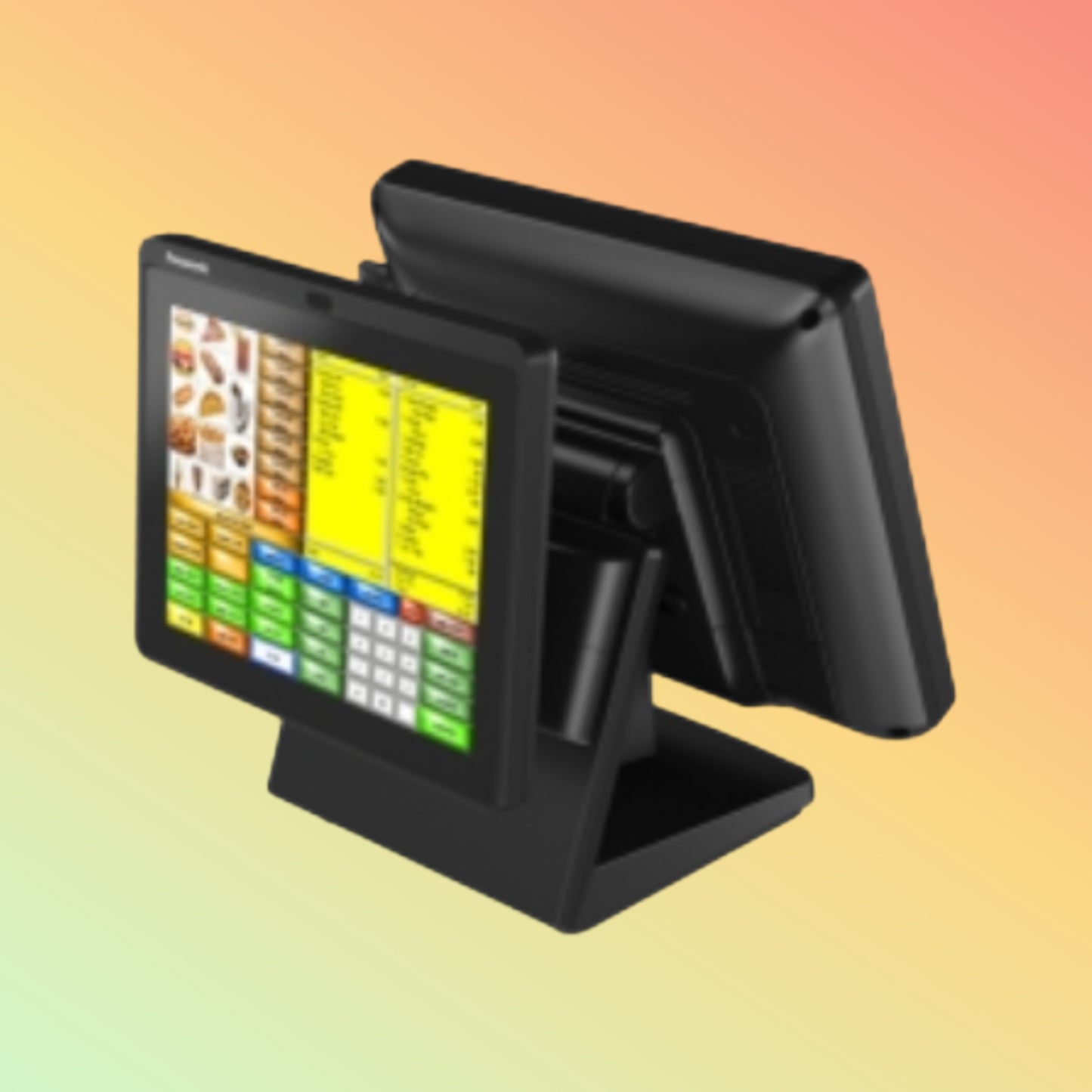 Alt="Panasonic JS-970WS POS setup with scanner and printer, demonstrating a complete retail transaction solution."