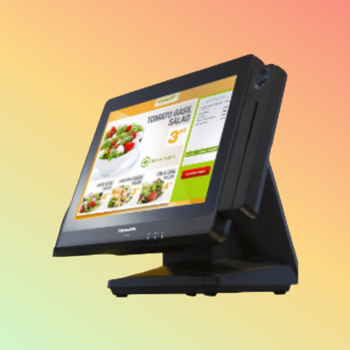 Alt="Panasonic POS setup with receipt printer and cash drawer, designed specifically for food service businesses."