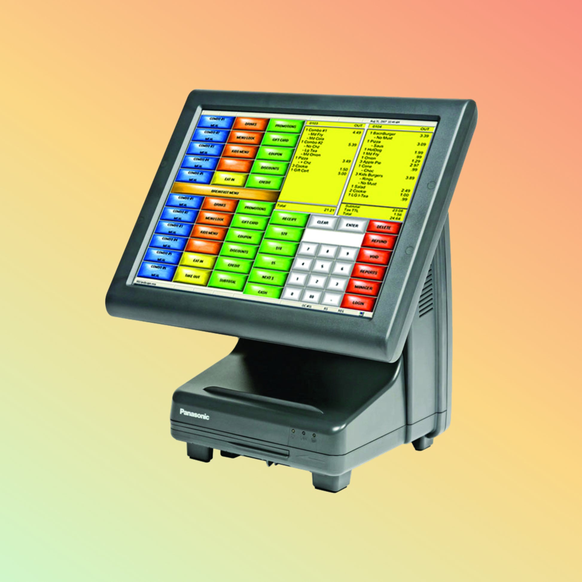 Alt="Detail of Panasonic JS920WS Lite-ray POS, highlighting the ease of digital order entry in a café setting."