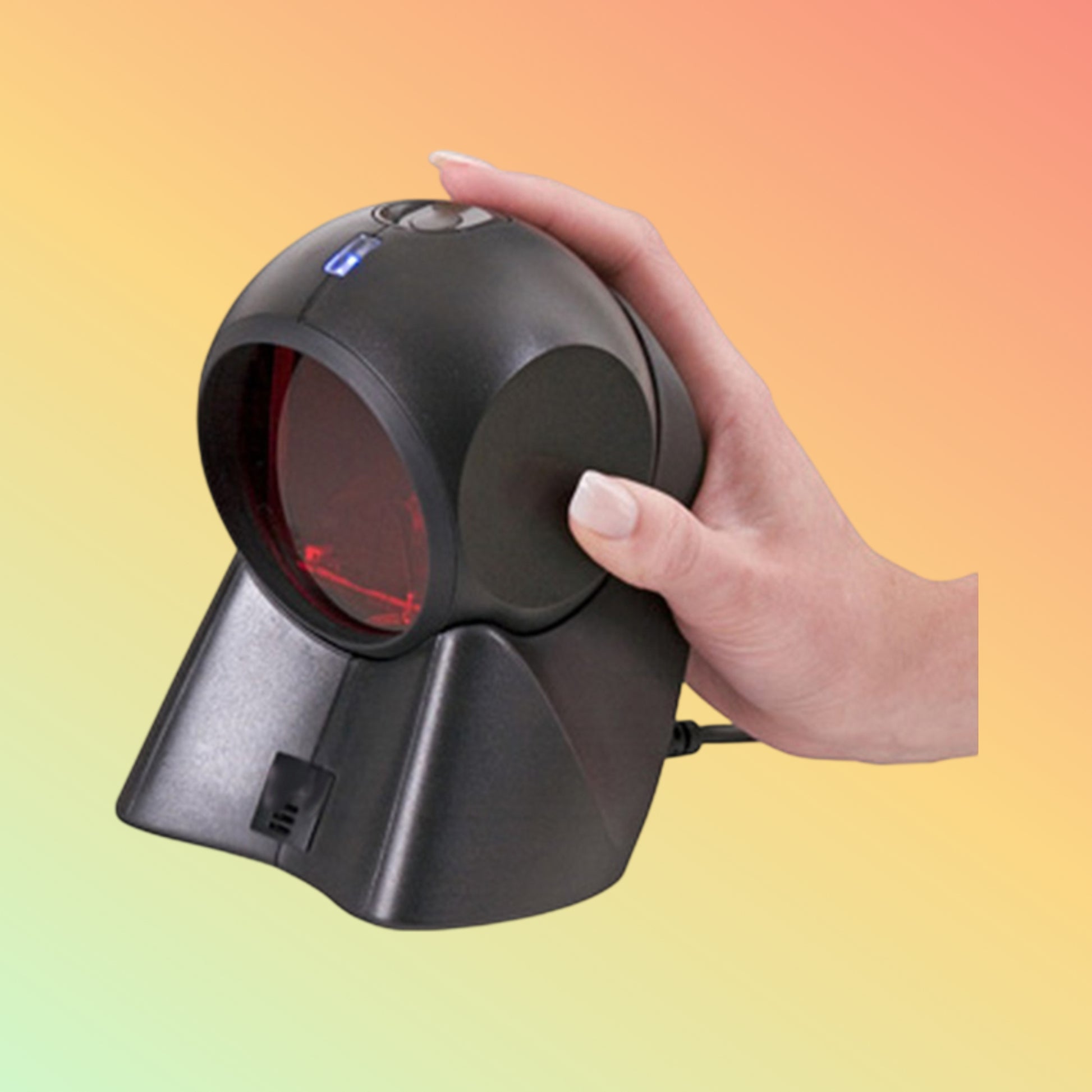 Alt="Honeywell MK-7120 Orbit barcode scanner in retail setup, illustrating ease of integration at checkout counters."