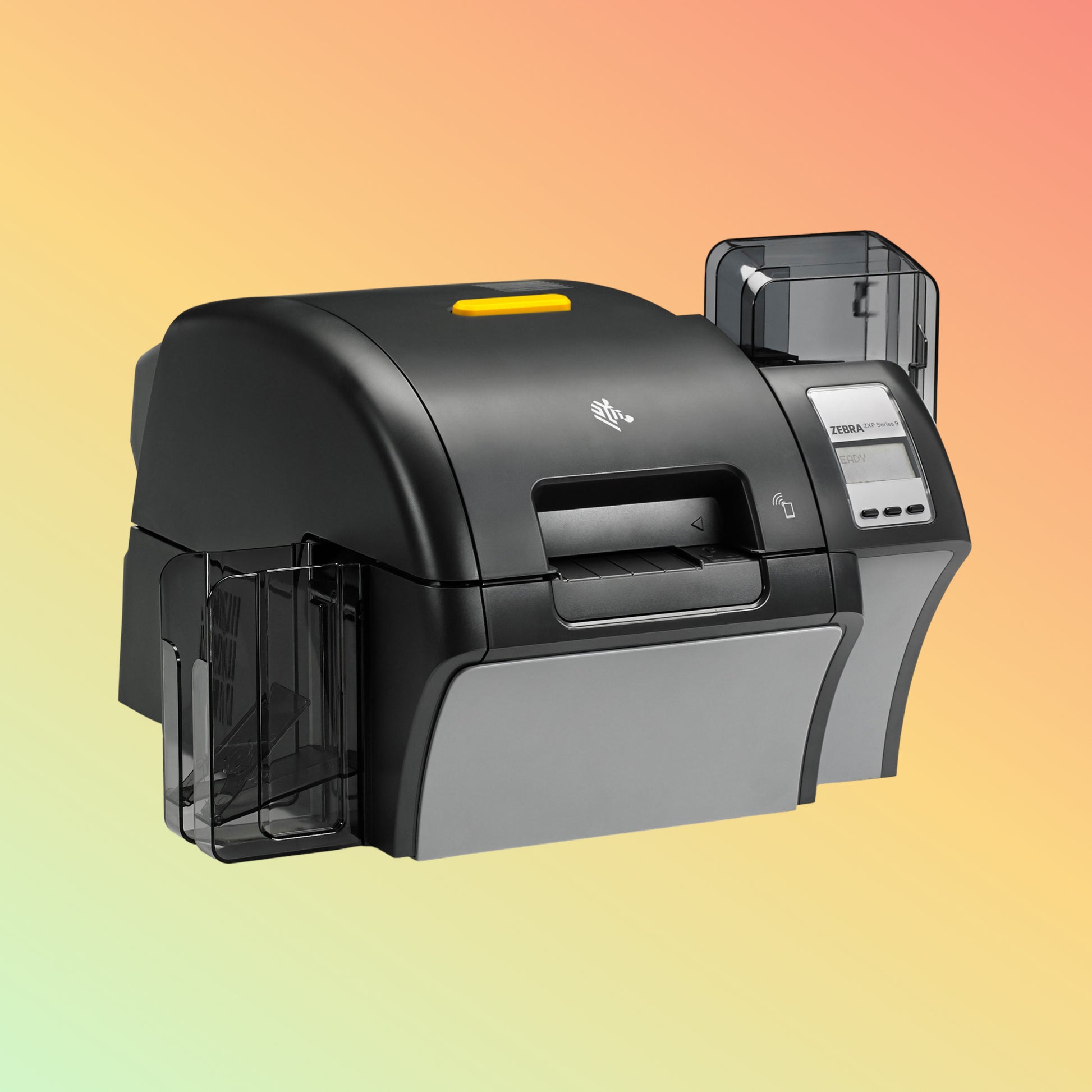 Alt="Front view of Zebra ZXP Series 9, highlighting its sleek design and user-friendly interface for easy operation."