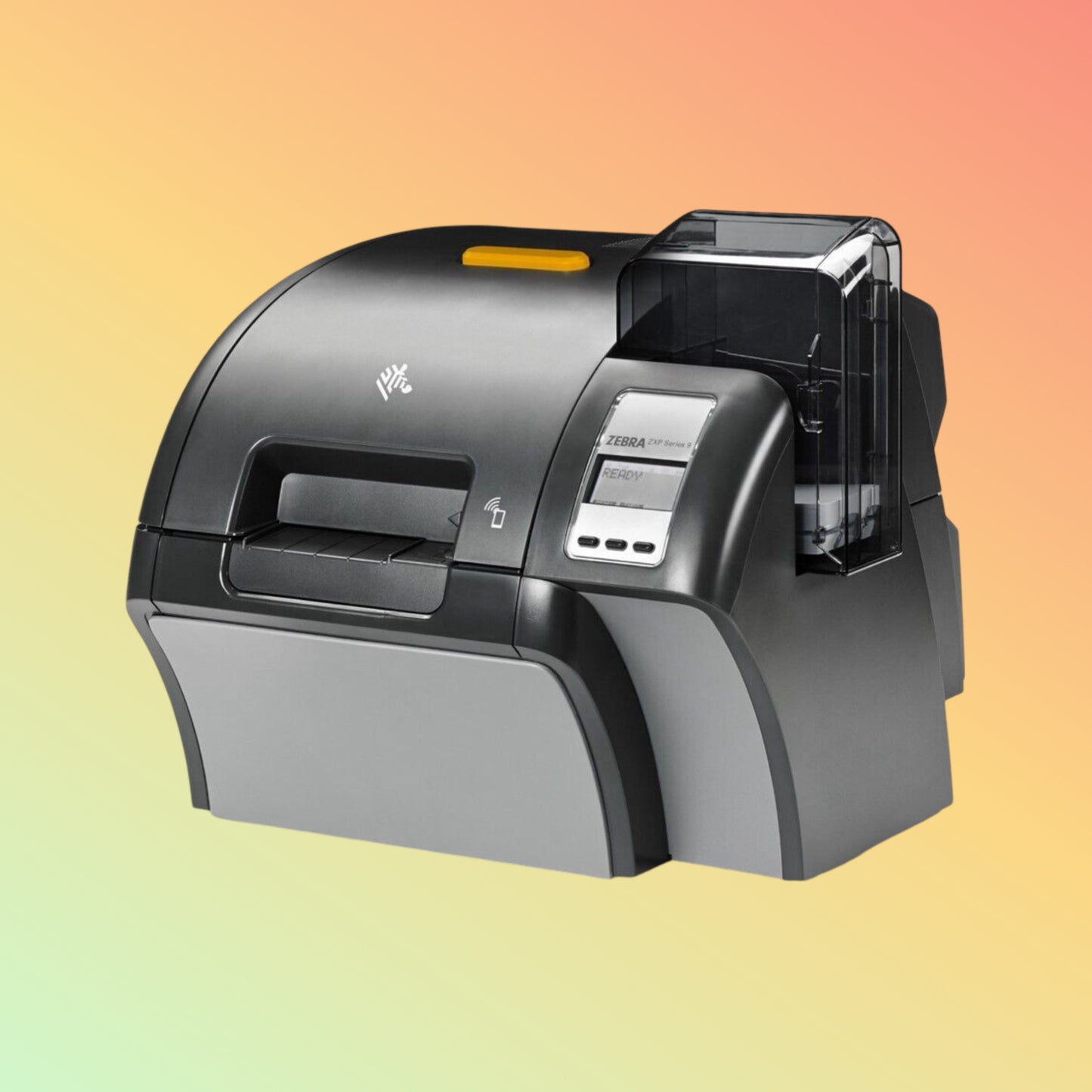 Alt="Zebra ZXP Series 9 card printer ready for ID and access card production, showcasing high-speed printing capability."