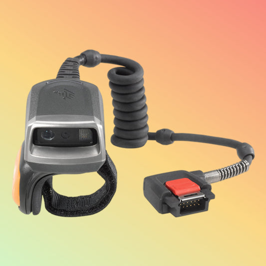 alt="Zebra RS5000 corded ring scanner on hand for fast 1D/2D barcode scanning in logistics operations."