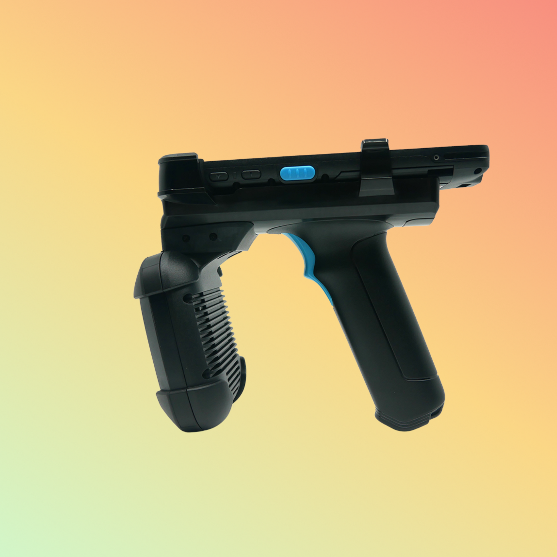 alt="Rugged Unitech RG760 UHF RFID gun grip with a pistol-style design, ideal for warehouse and fieldwork, offering robust RFID scanning capabilities."