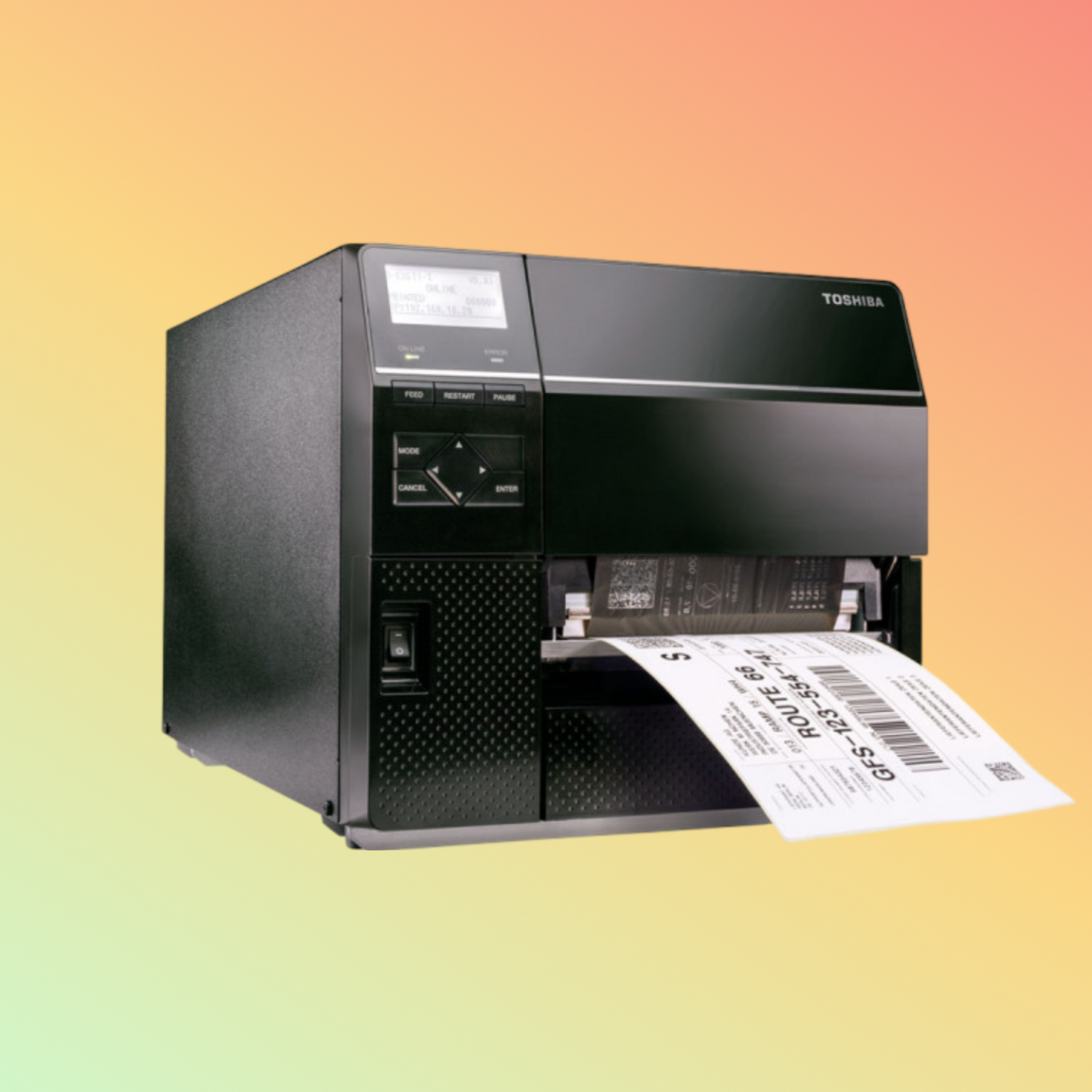 alt="Robust TOSHIBA B-EX6T3 thermal label printer, designed for large-scale label production"