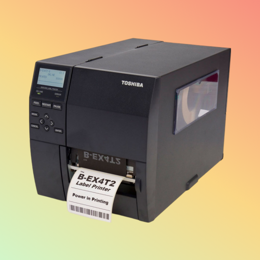 alt="TOSHIBA B-EX4T2 industrial label printer for high-speed, high-quality printing"