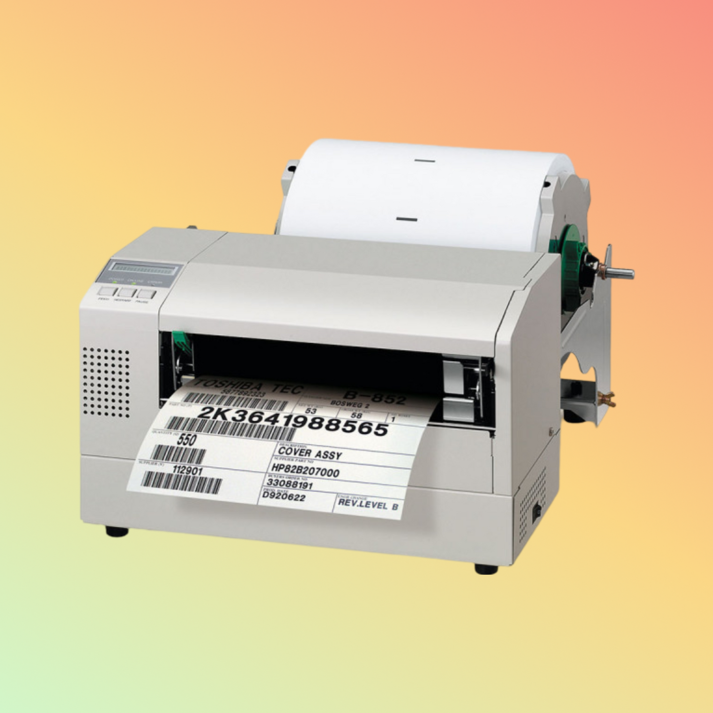 alt="Toshiba B-852 label printer, ideal for warehouse and industrial environments, offering reliable performance, wide-format printing, and efficient label production."