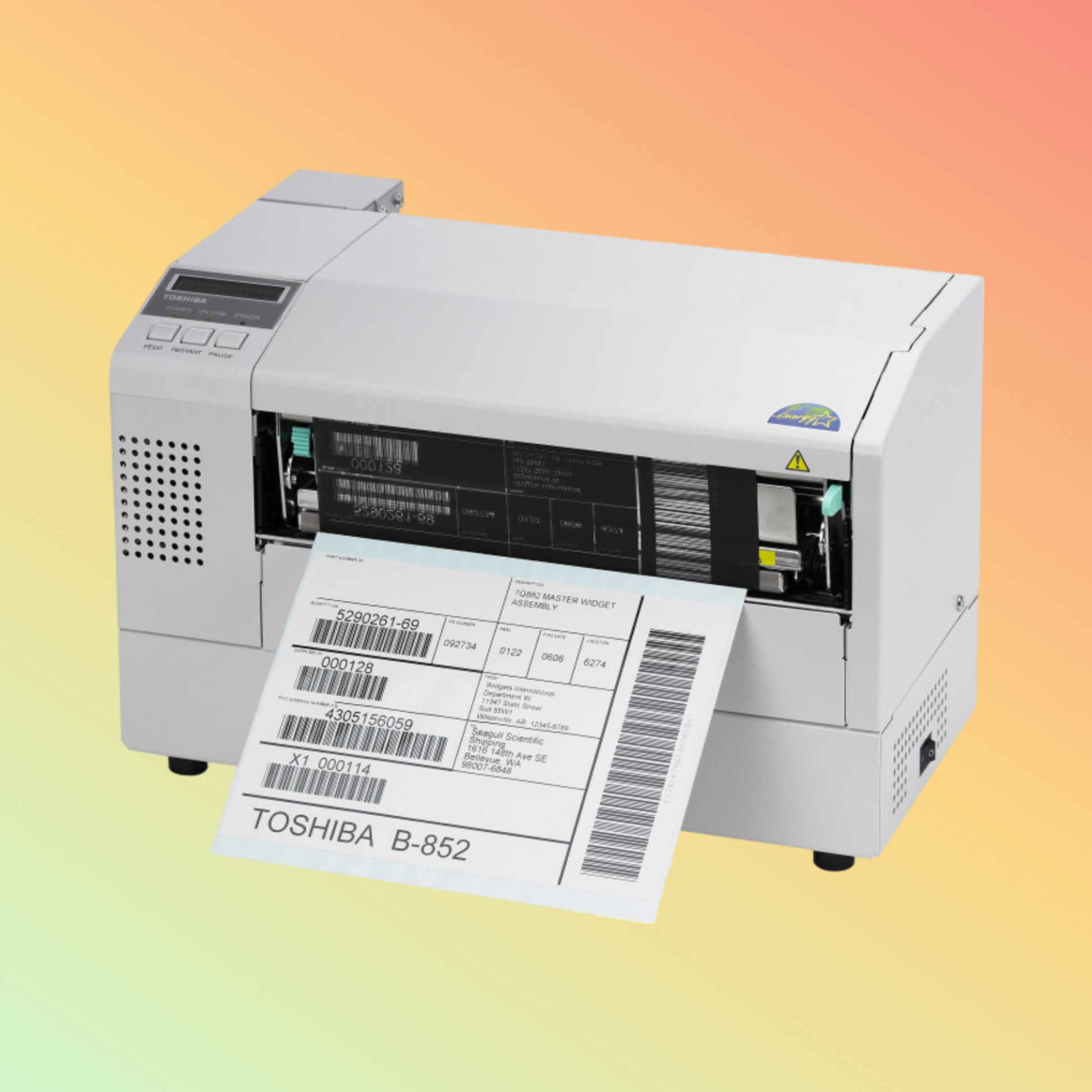 alt="Toshiba B-852 label printer designed for industrial applications, featuring a robust build, high-resolution output, and versatile connectivity options."