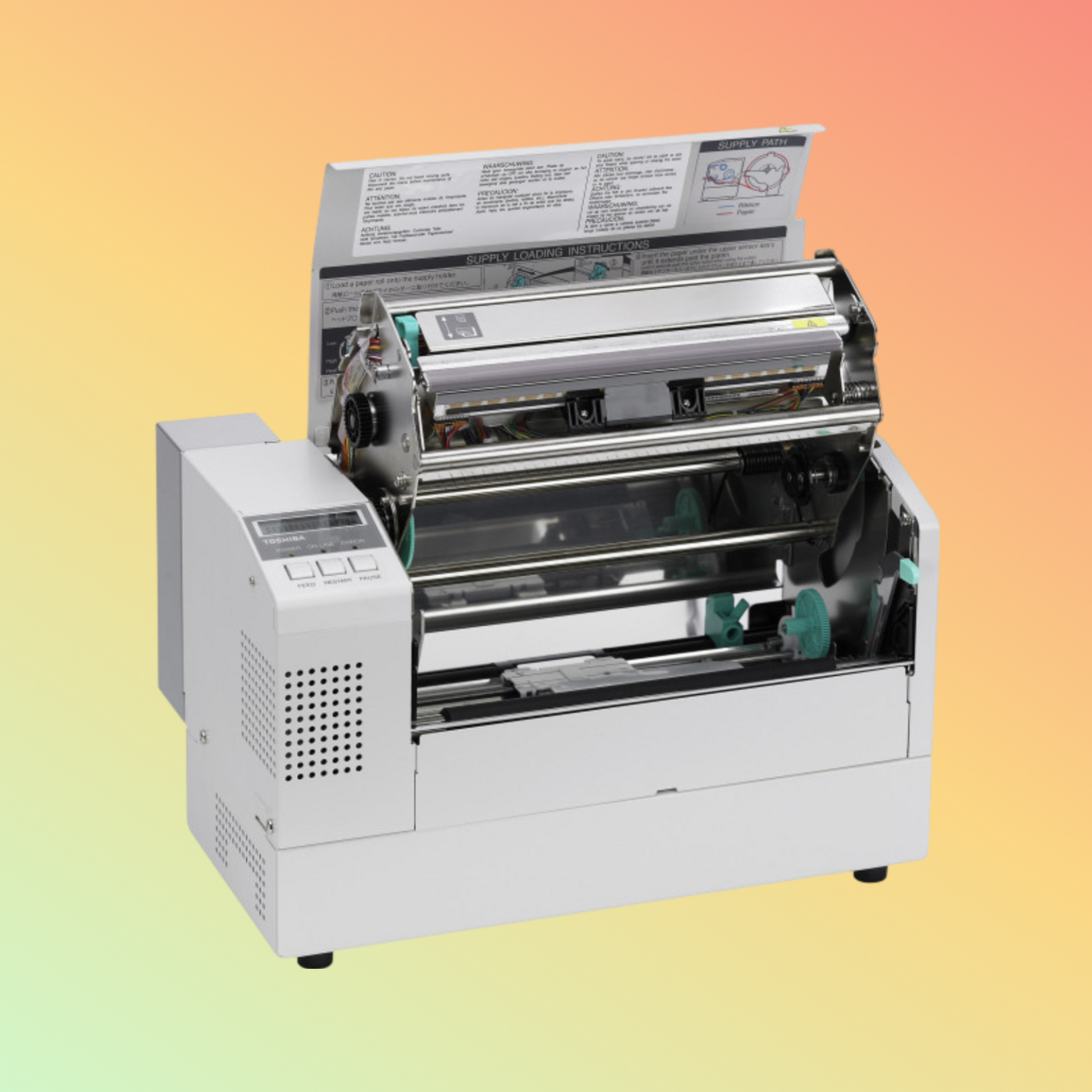 alt="Industrial-grade Toshiba B-852 label printer designed for large-scale label printing, featuring durable construction, high-resolution output, and multiple connectivity options."