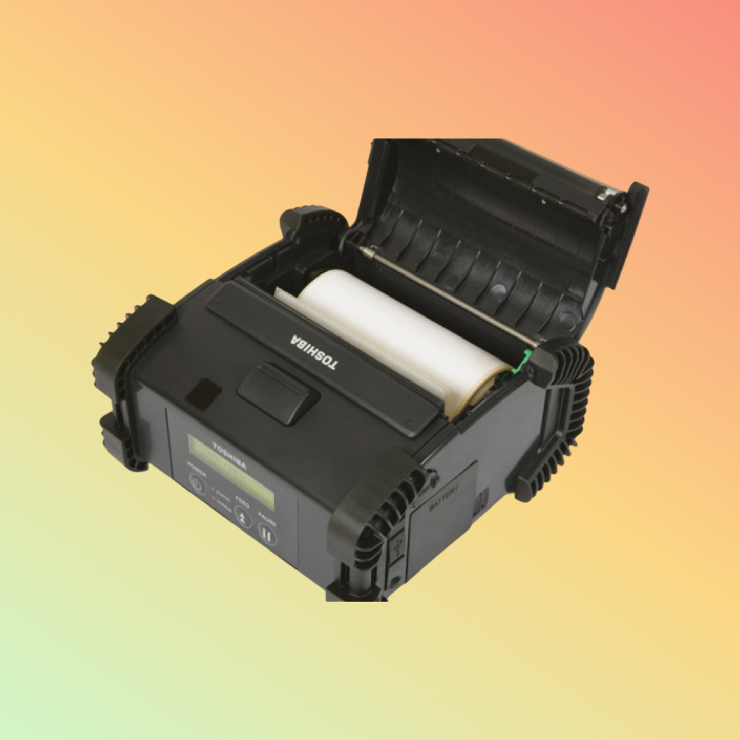 alt="TOSHIBA B-EP4DL label printer designed for mobile use, featuring a compact design, high-resolution output, and wireless connectivity options."