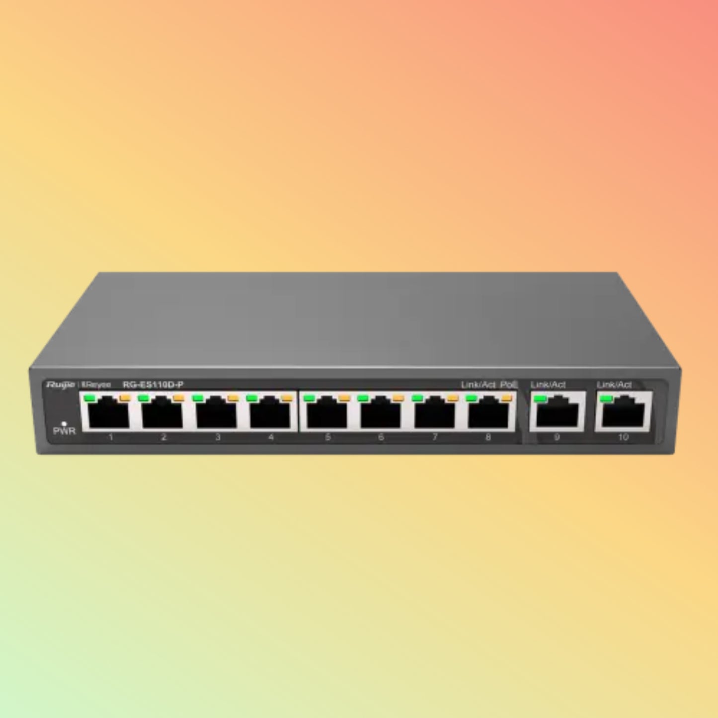 Ruijie (RG-ES110D-P) Desktop Unmanaged Switch - 8 x 10/100 Base-X PoE+ Ports, 2 x Gigabit Ethernet Base-T Ports