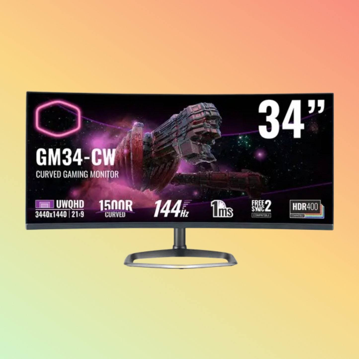 COOLER MASTER GM34-CW Gaming Curved Monitor - 34" UWQHD (3440 x 1440), VA, Height, Swivel, HDMI, DP, 400 nits, 144 Hz