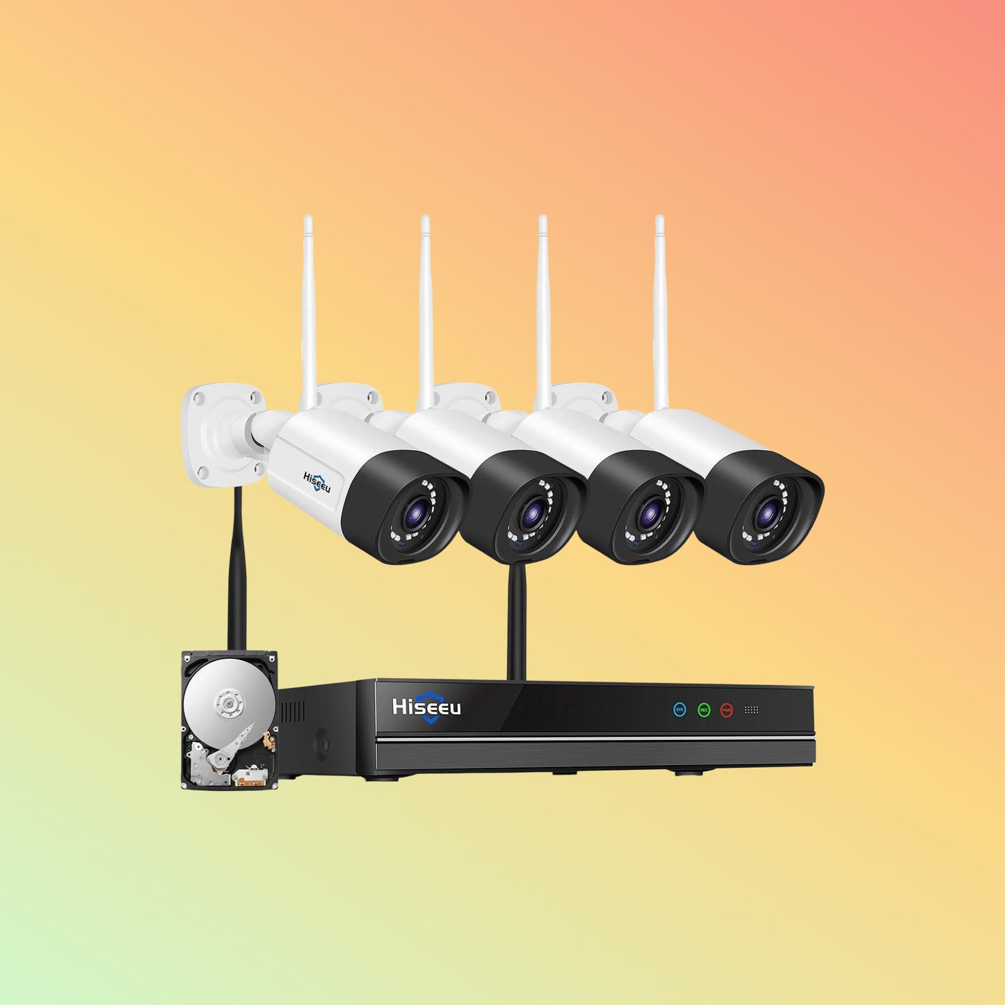 Hiseeu 2K Wireless Security System – 10CH NVR, HDD, 65ft Night Vision