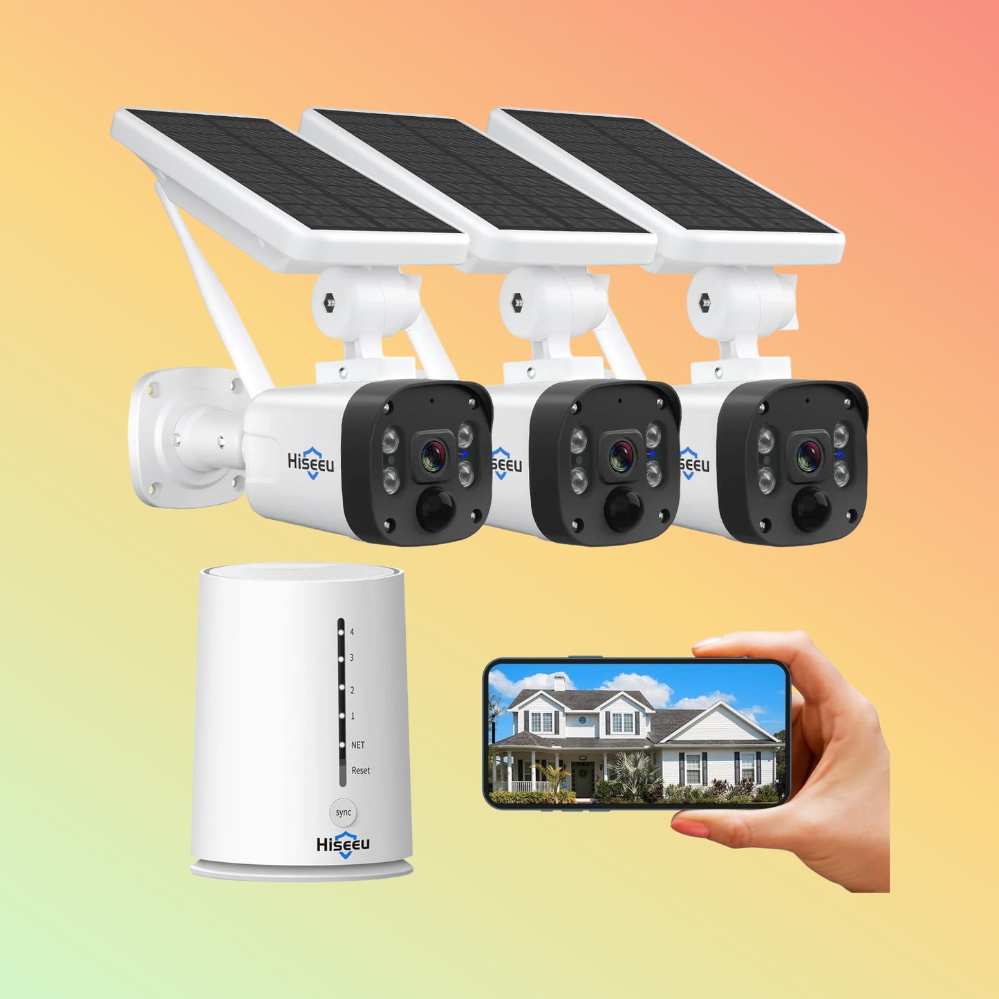 Hiseeu [ Wire-Free,4CH Expandable]4MP SolarWireless Security Camera Outdoor, 4MP Solar Camera, Wire-Free,90-Day Video Storage, Work with Alexa