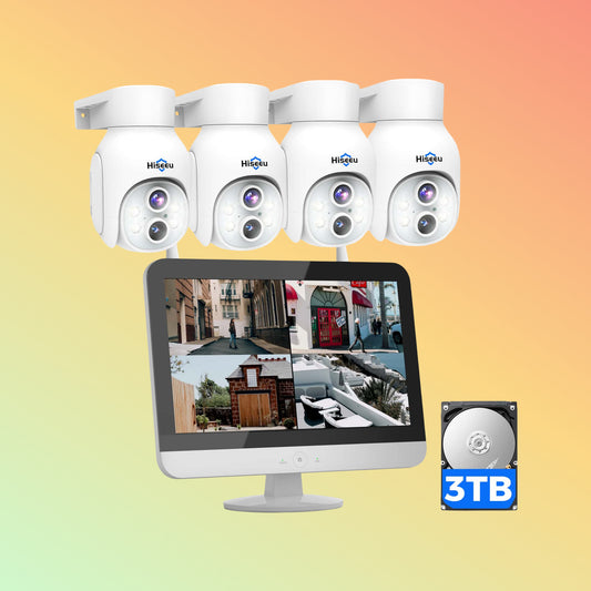 Hiseeu [Wireless Pro,Expandable 10Channels 12.1"Monitor NVR] 2k Dual-Lens Wireless PTZ 10X Zoom Security Camera System BUILD-IN 3THDD