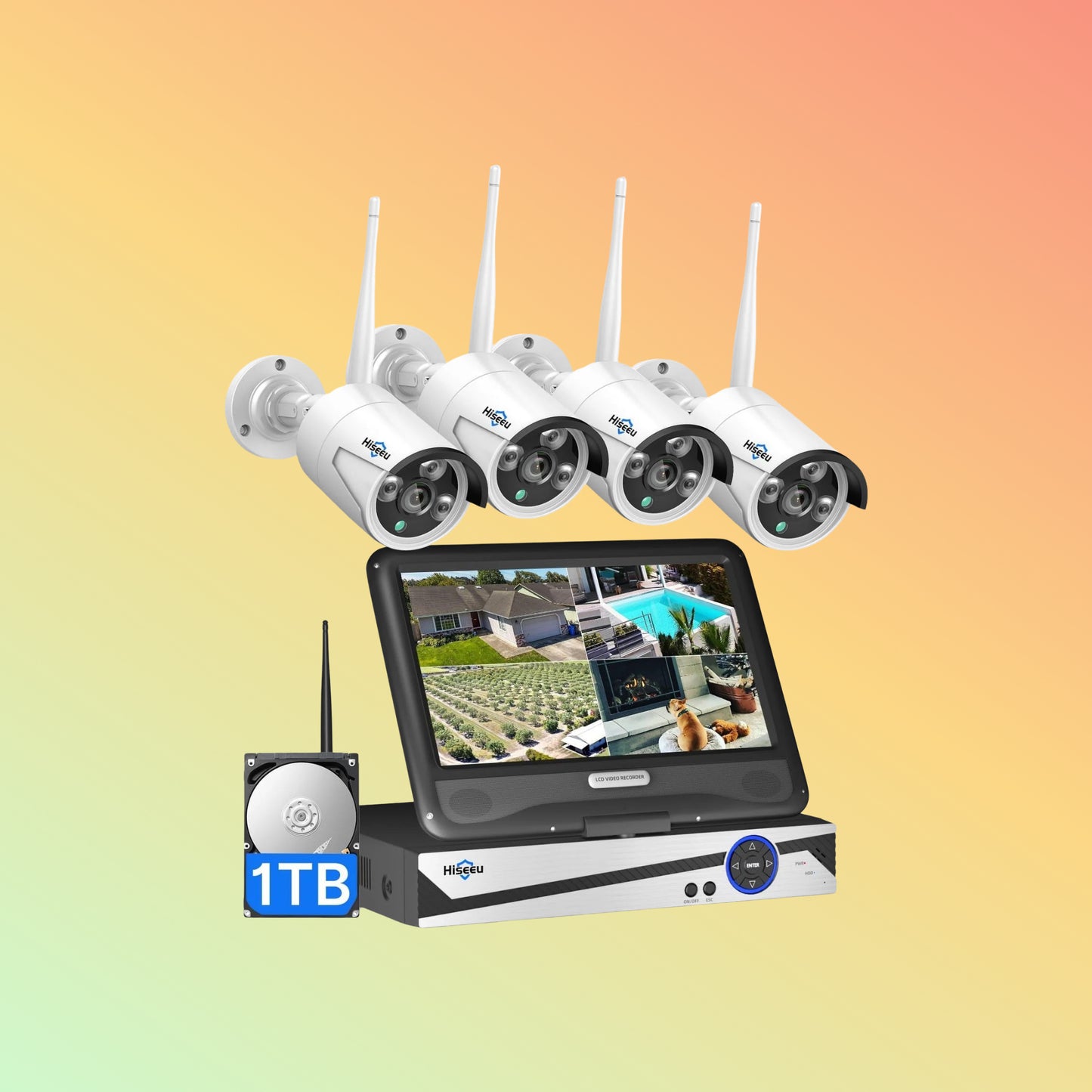 Hiseeu [Wireless Pro, 100ft Range,Expandable 16Channels 4K 10.1" LCD Monitor NVR] 5MP Wireless Security Camera System WIth 1T HDD