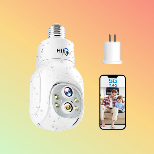 Hiseeu 2K Waterproof Wireless 𝟯𝟲𝟬° 𝙑𝙞𝙚𝙬 Light Bulb Camera with 5G&2.4GHz Wi-Fi & No Subscription