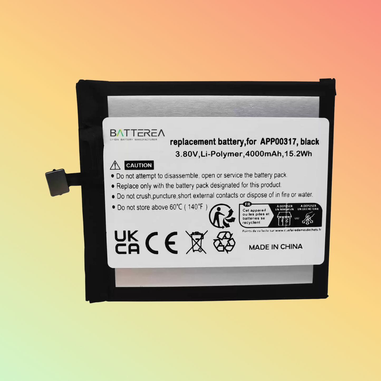 Batterea 3.8V 4000mAh battery replacement for CAT S62 Pro, replaces APP00317, black, Li-Polymer