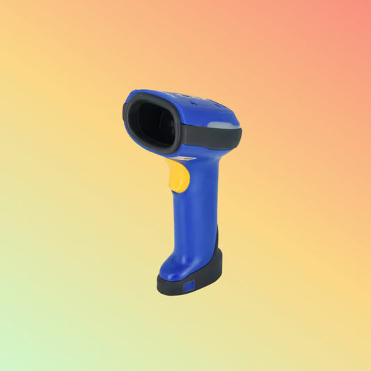 Blue barcode scanner on a gradient background