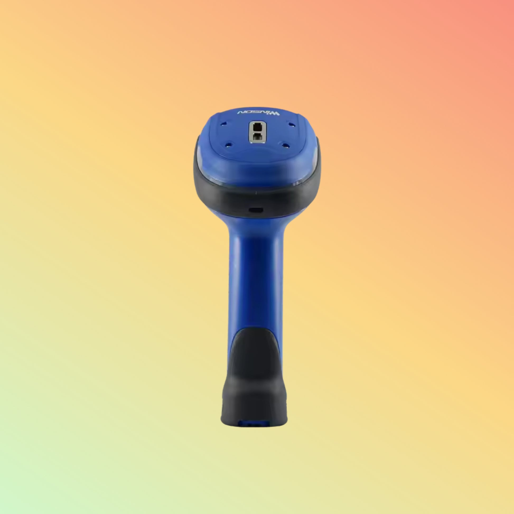 Blue and black handheld device on a gradient background