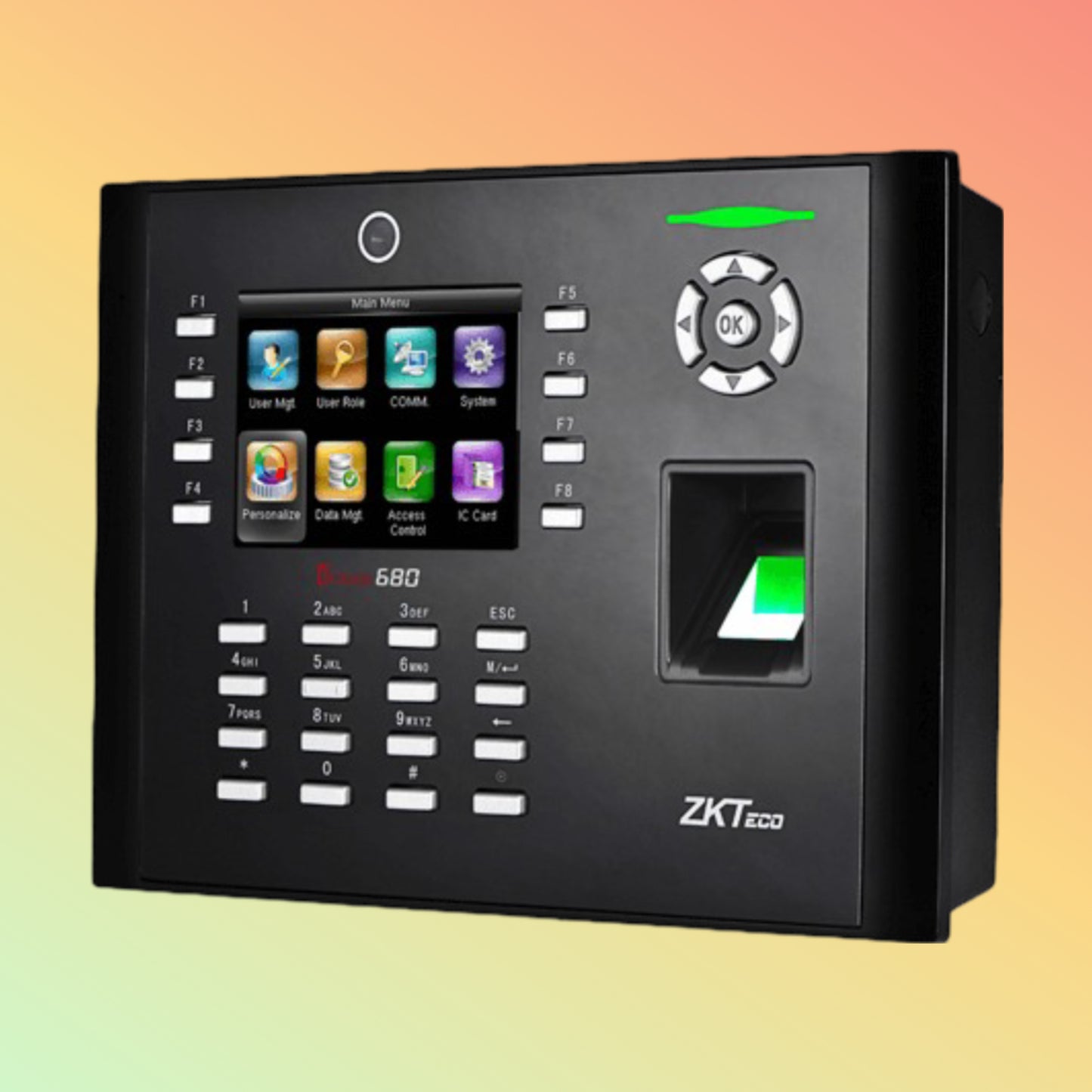 alt="Zkteco iClock 680 time & attendance system with camera and fingerprint sensor"