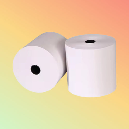 Pack of 50 thermal paper rolls, 80x50m and 57x40mm dimensions, perfect for receipts and POS systems