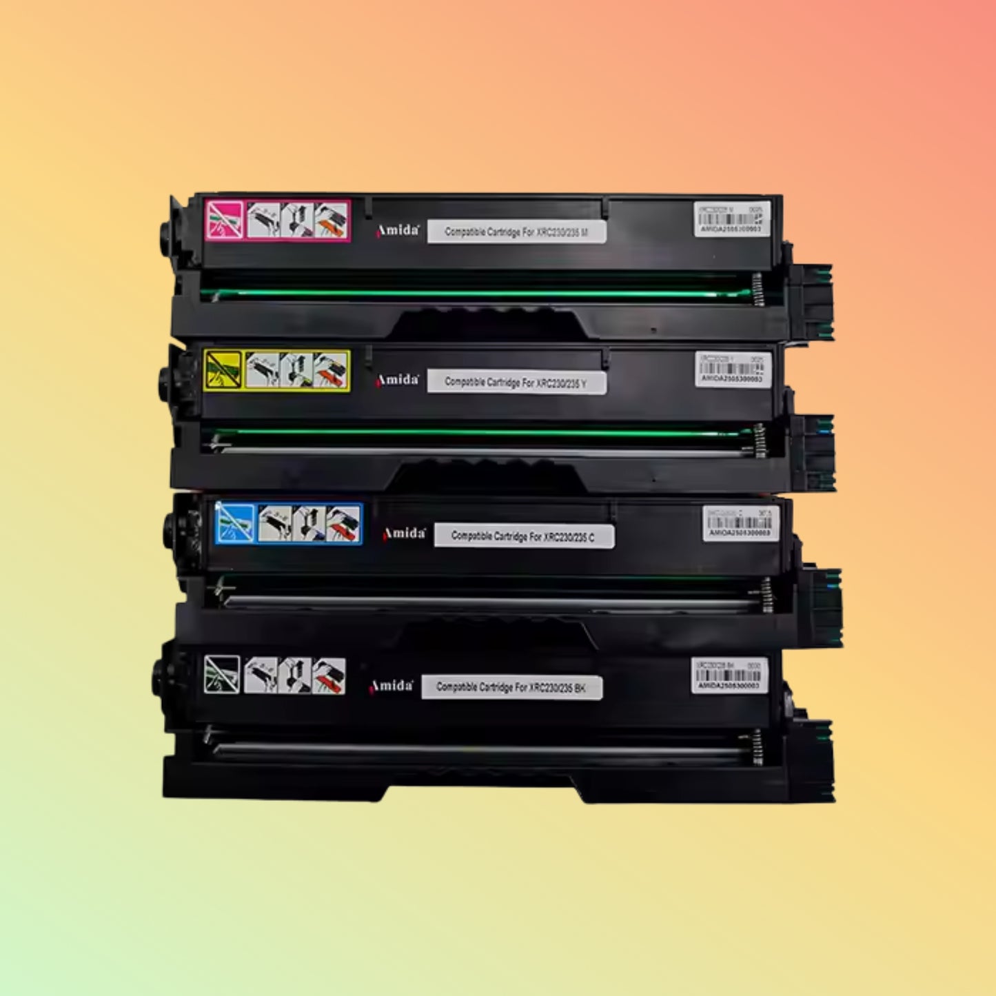 Stack of black toner cartridges on a gradient background