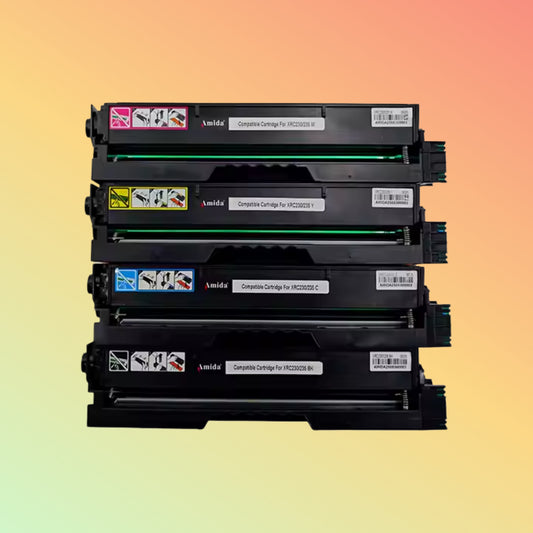 Stack of black toner cartridges on a gradient background