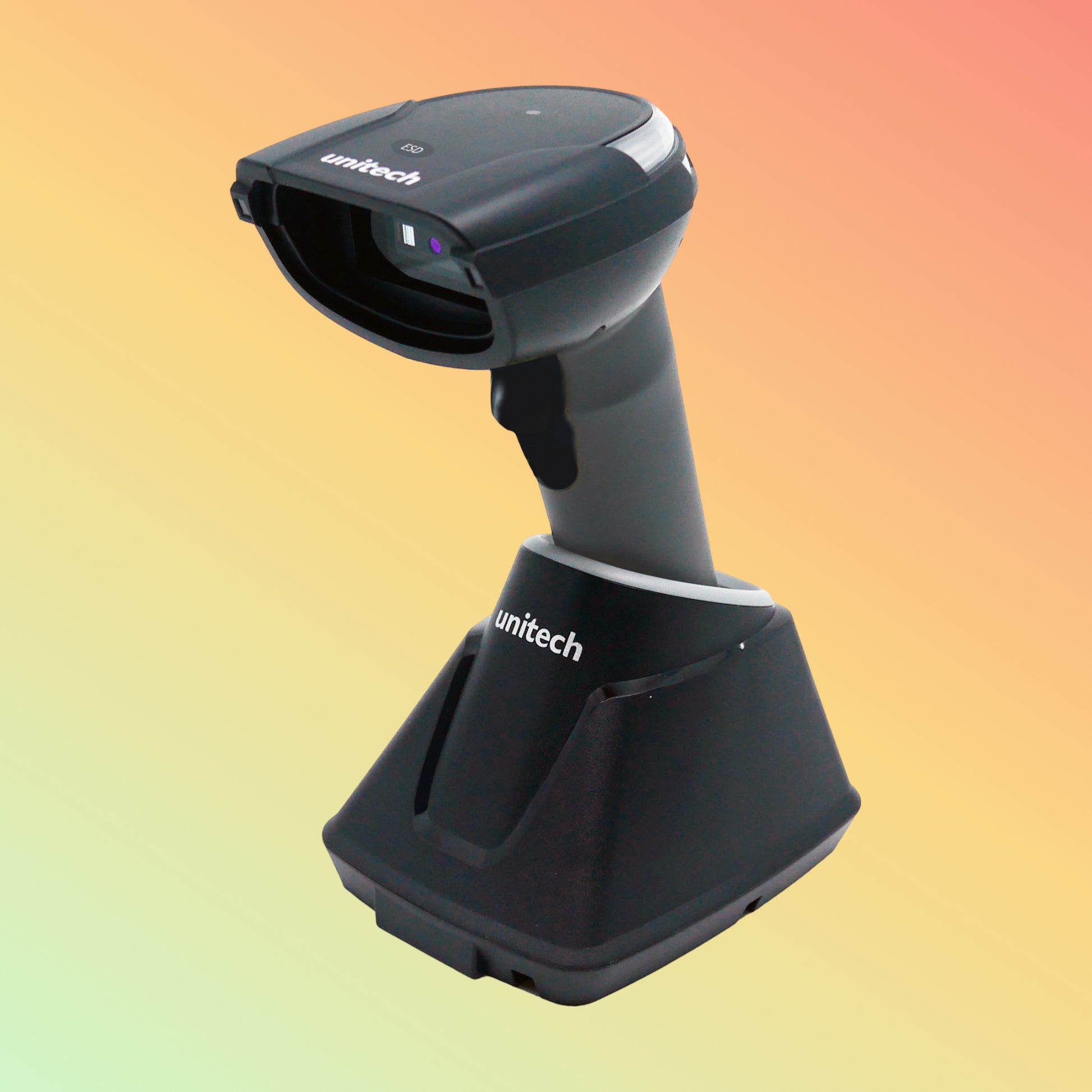 alt="Unitech MS851B Bluetooth ESD-safe laser scanner in use"