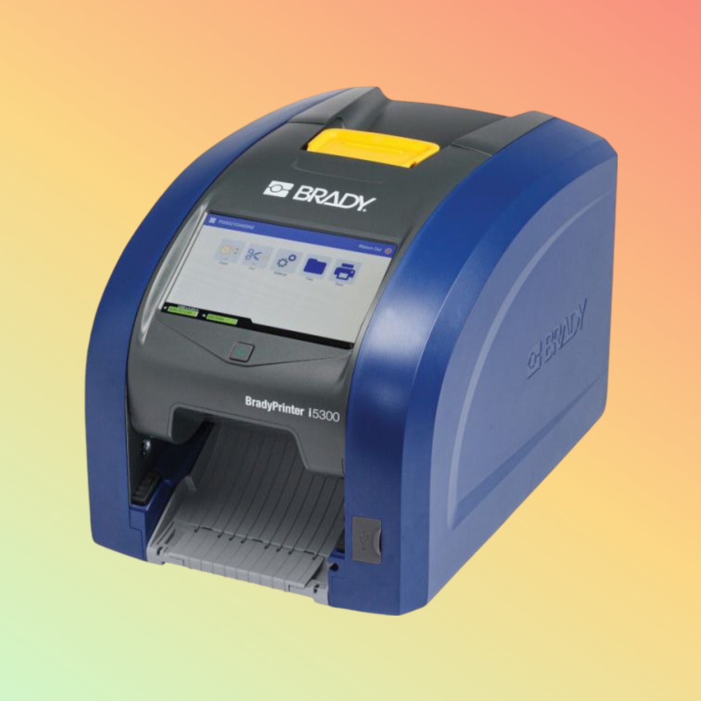 alt="Close-up of BradyPrinter i5300 label printer with CR2700 scanner"